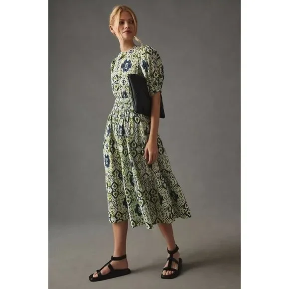 New Anthropolgie X THE ODELLS Smocked Puff-Sleeve Dress Size Large - Picture 1 of 9